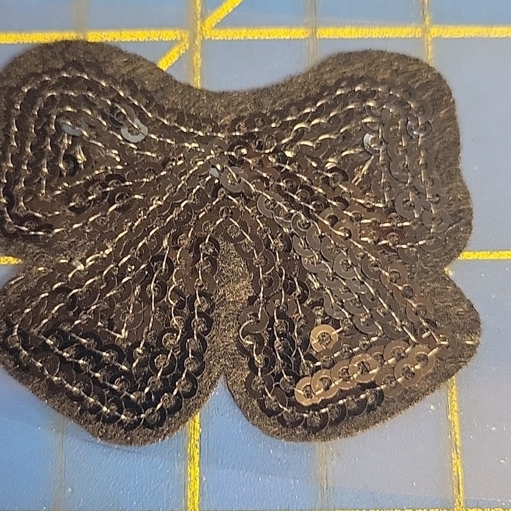 Sequin Black Bow Embroidered 1.75" Iron On Patch New